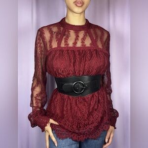 Xhilaration Victorian Burgundy Lace Long Sleeve Blouse Size L Vampire Grunge Emo